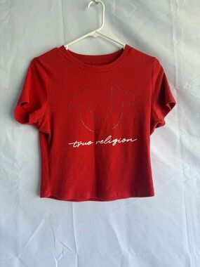 True Religion Rhinestone Logo Baby Tee Women’s XL Red Y2K Stretch Crop Top